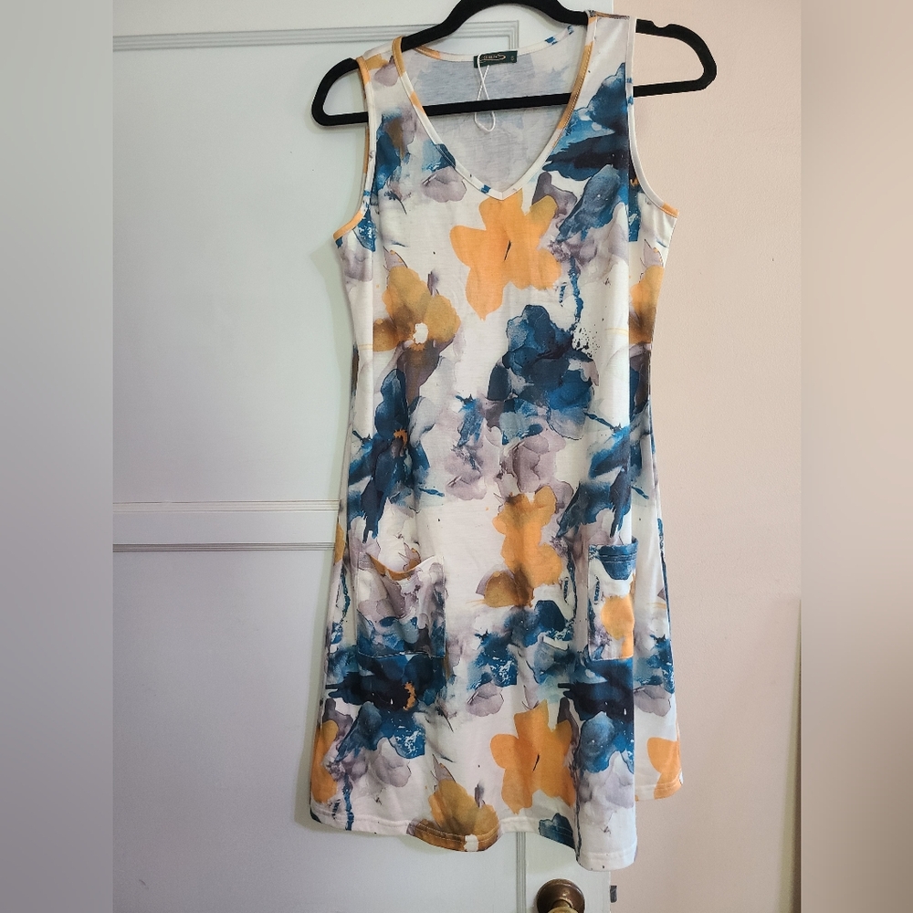 Vibrant Floral Midi Dress - Blue and Orange